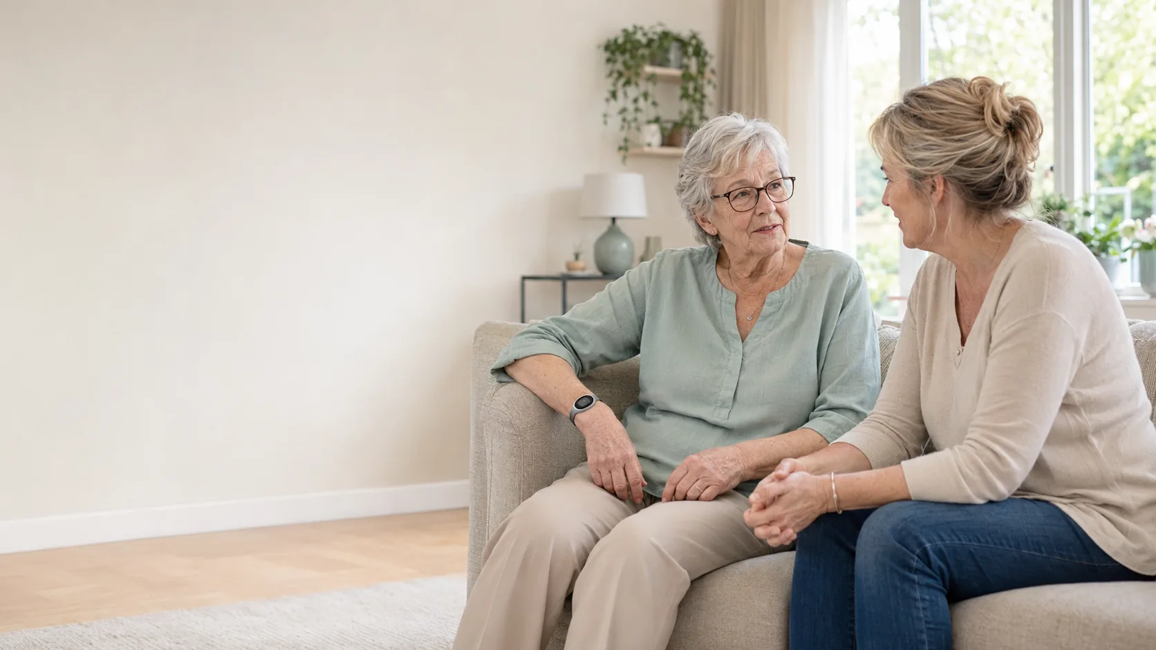 Een oudere vrouw en haar dochter praten ontspannen thuis; de oudere vrouw draagt een discrete alarmknop.